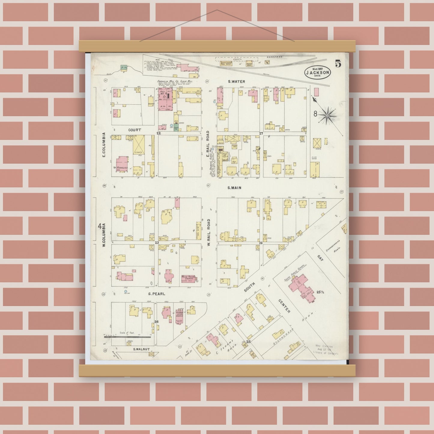 Old map wall art mockup — magnetic wood frame on brick wall — Sanborn Fire Insurance Map from Jackson, Jackson County, Ohio (1897), Sheet #0005