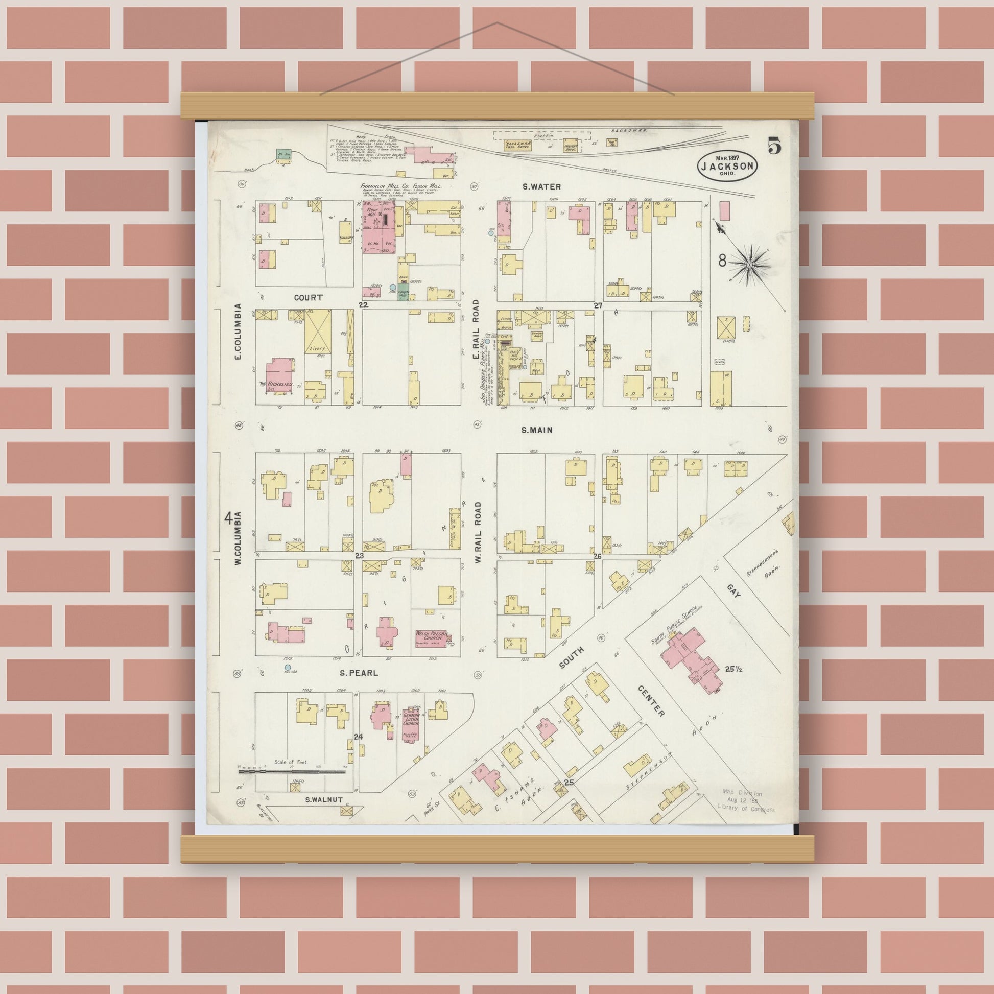 Old map wall art mockup — magnetic wood frame on brick wall — Sanborn Fire Insurance Map from Jackson, Jackson County, Ohio (1897), Sheet #0005