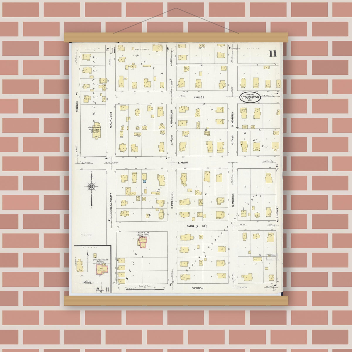 Old map wall art mockup — magnetic wood frame on brick wall — Sanborn Fire Insurance Map from Stoughton, Dane County, Wisconsin (1912), Sheet #0011