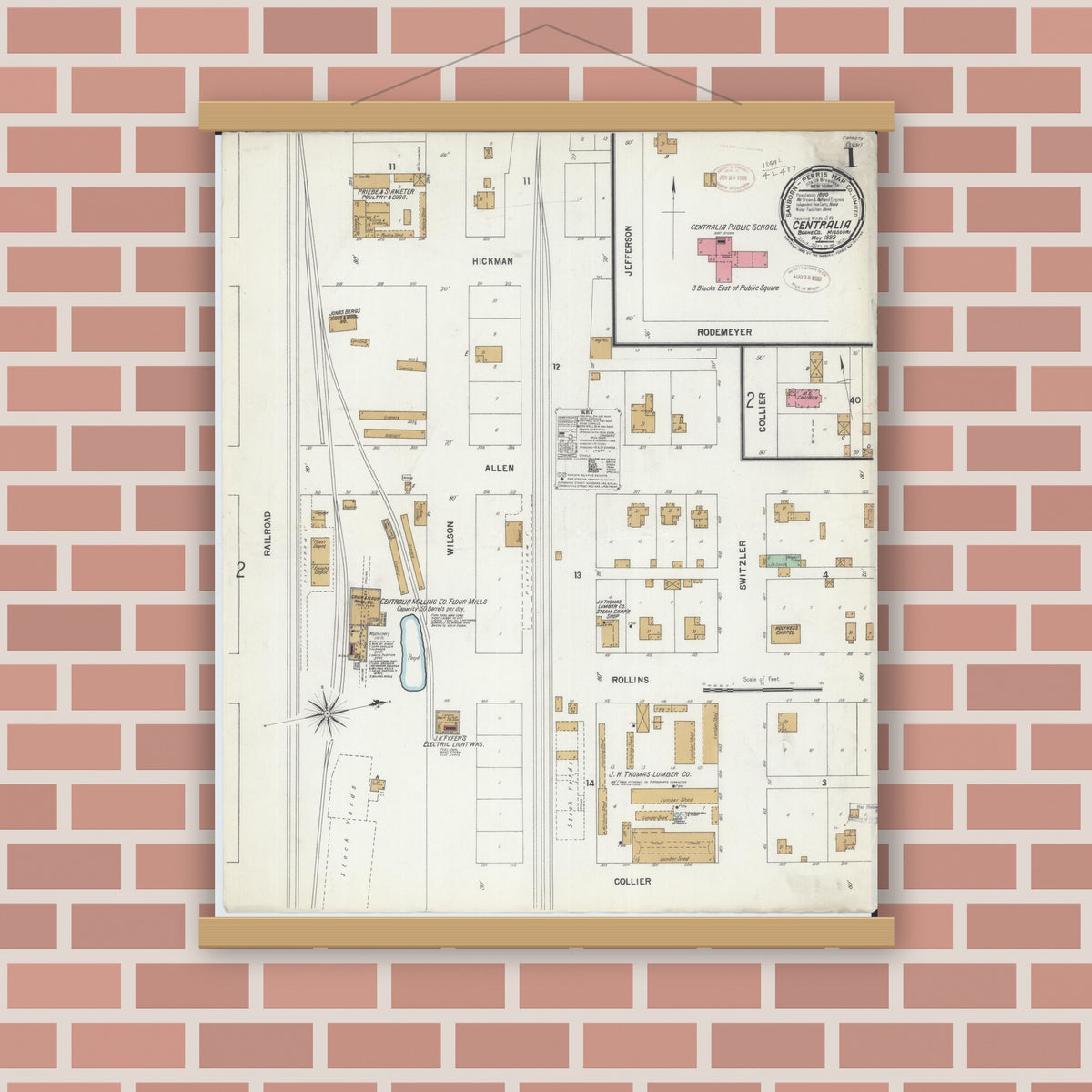 Old map wall art mockup — magnetic wood frame on brick wall — Sanborn Fire Insurance Map from Centralia, Boone County, Missouri (1899) - Complete Map Set