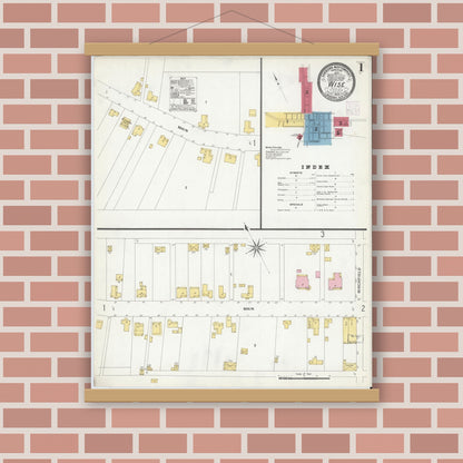 Old map wall art mockup — magnetic wood frame on brick wall — Sanborn Fire Insurance Map from Wise, Wise County, Virginia (1908), Sheet #0001