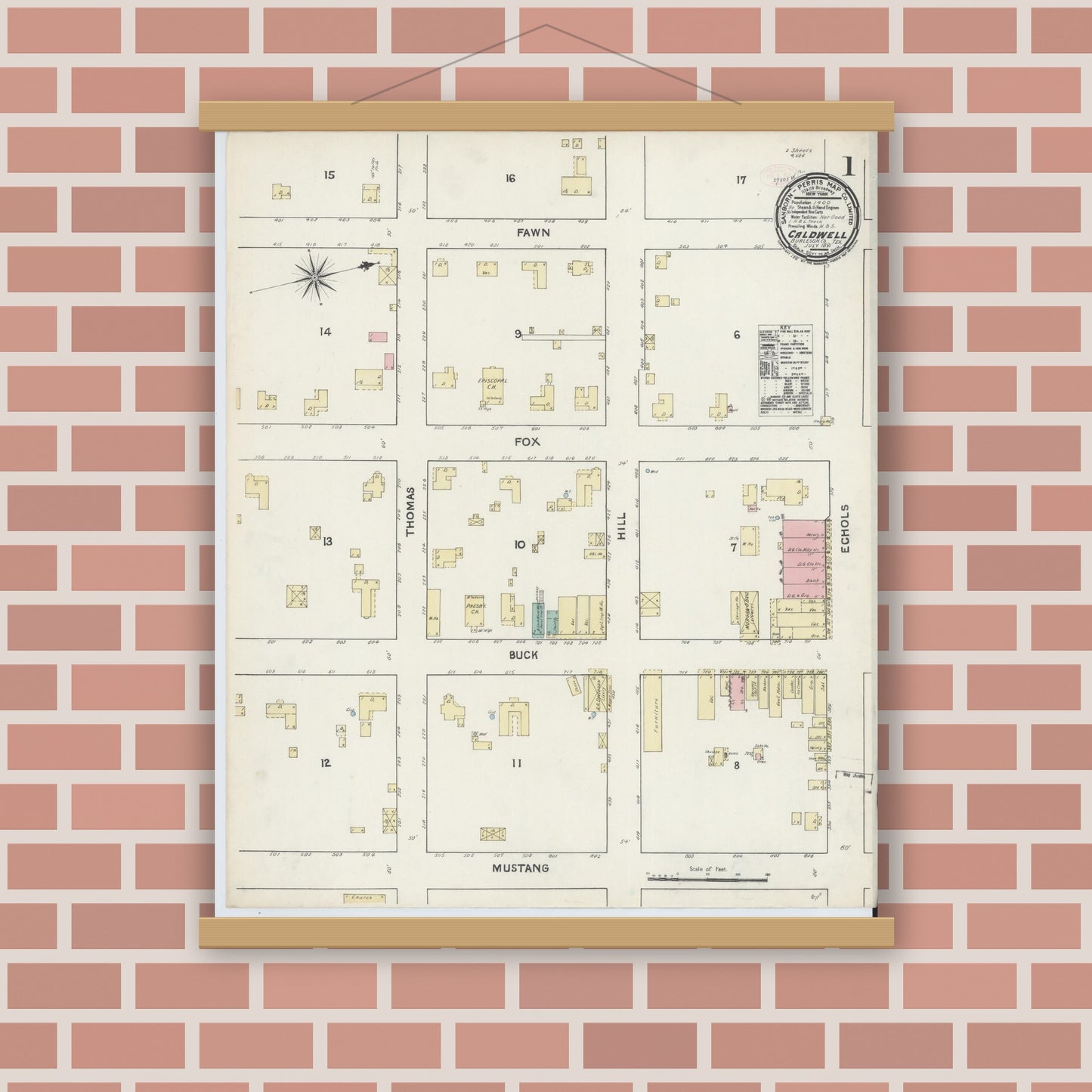 Old map wall art mockup — magnetic wood frame on brick wall — Sanborn Fire Insurance Map from Caldwell, Burleson County, Texas (1891) - Complete Map Set