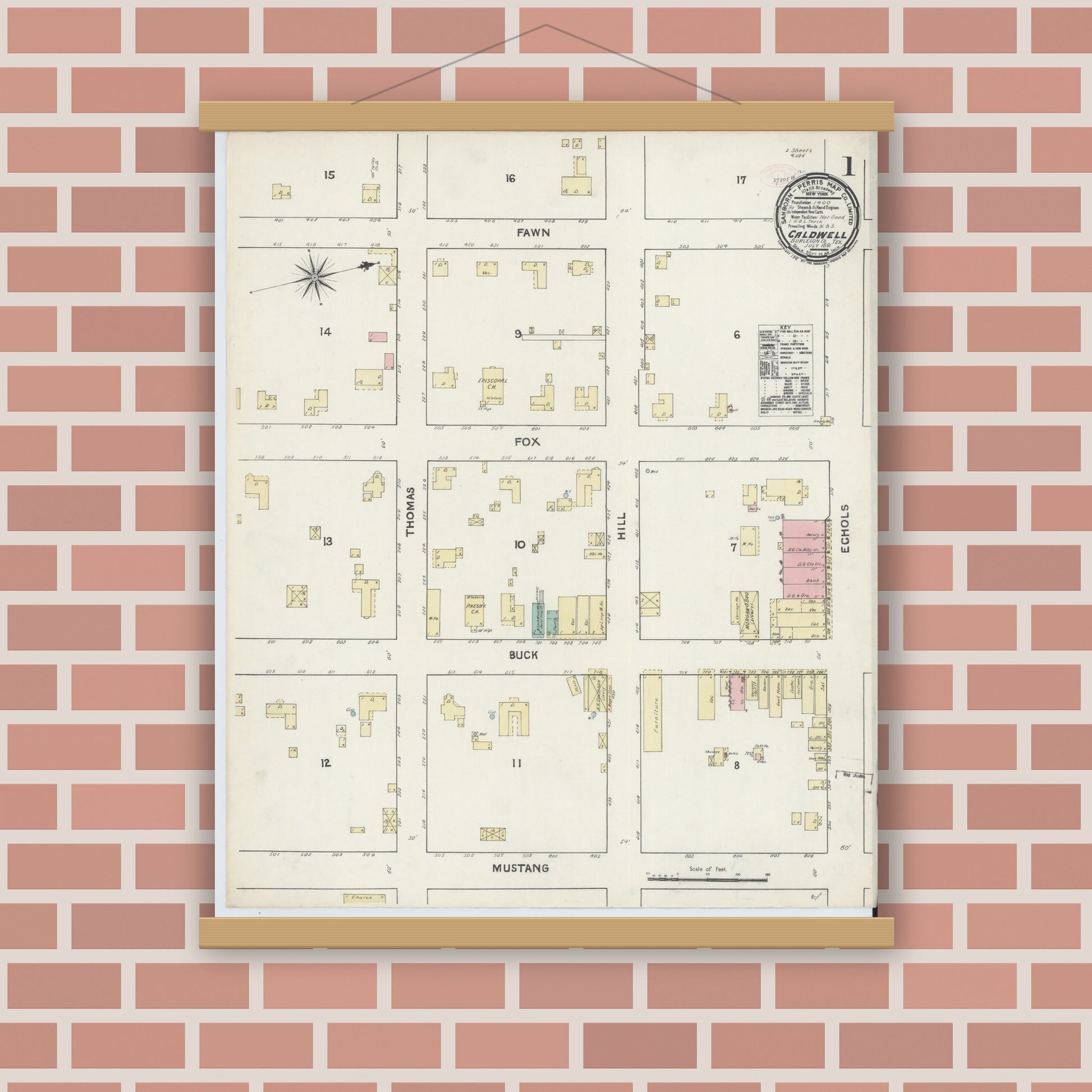 Old map wall art mockup — magnetic wood frame on brick wall — Sanborn Fire Insurance Map from Caldwell, Burleson County, Texas (1891) - Complete Map Set