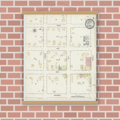 Old map wall art mockup — magnetic wood frame on brick wall — Sanborn Fire Insurance Map from Caldwell, Burleson County, Texas (1891) - Complete Map Set
