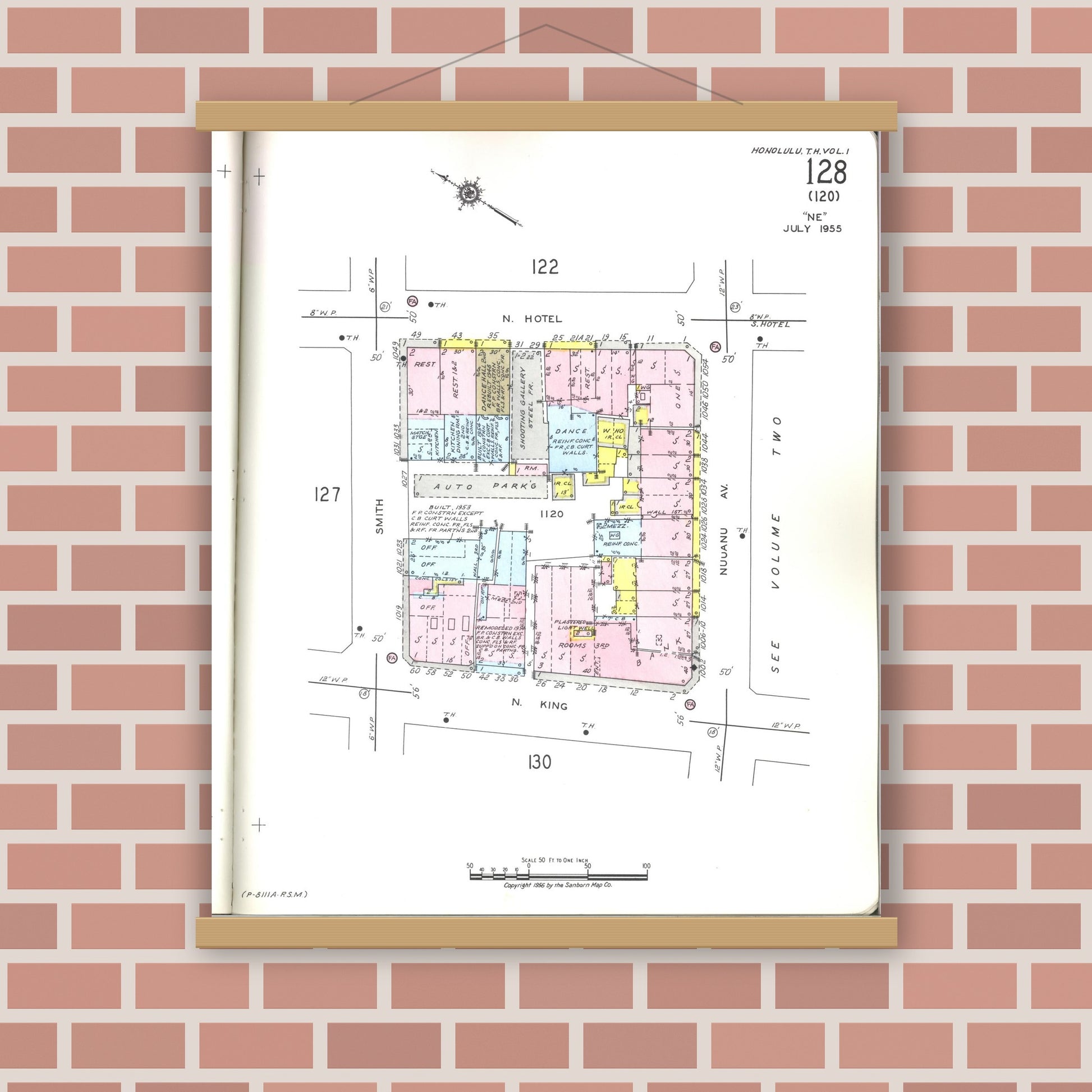 Old map wall art mockup — magnetic wood frame on brick wall — Sanborn Fire Insurance Map from Honolulu, Oahu County, Hawaii (1955), Sheet #0128