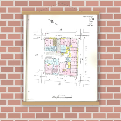 Old map wall art mockup — magnetic wood frame on brick wall — Sanborn Fire Insurance Map from Honolulu, Oahu County, Hawaii (1955), Sheet #0128