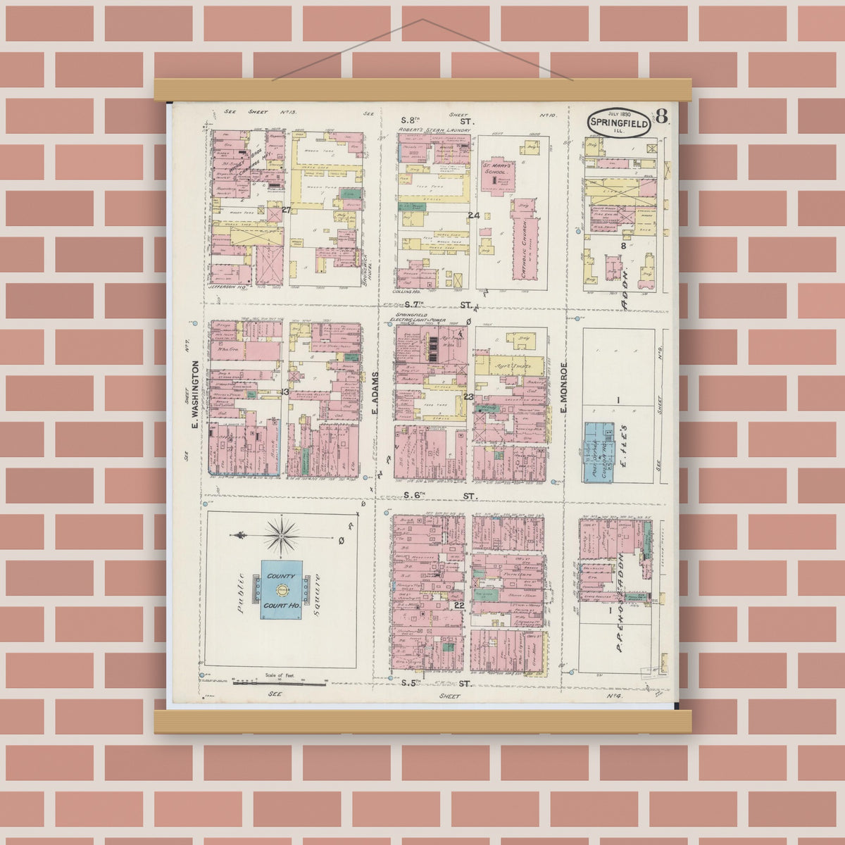 Old map wall art mockup — magnetic wood frame on brick wall — Sanborn Fire Insurance Map from Springfield, Sangamon County, Illinois (1890), Sheet #0008