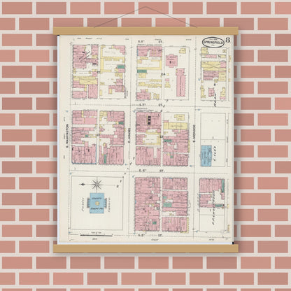 Old map wall art mockup — magnetic wood frame on brick wall — Sanborn Fire Insurance Map from Springfield, Sangamon County, Illinois (1890), Sheet #0008
