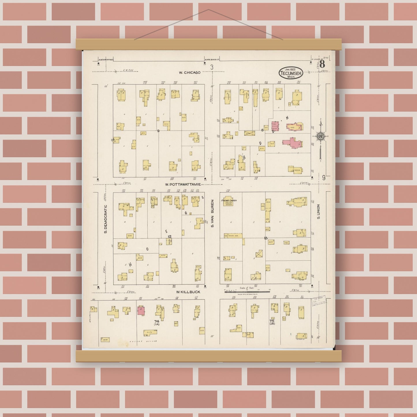 Old map wall art mockup — magnetic wood frame on brick wall — Sanborn Fire Insurance Map from Tecumseh, Lenawee County, Michigan (1922), Sheet #0008