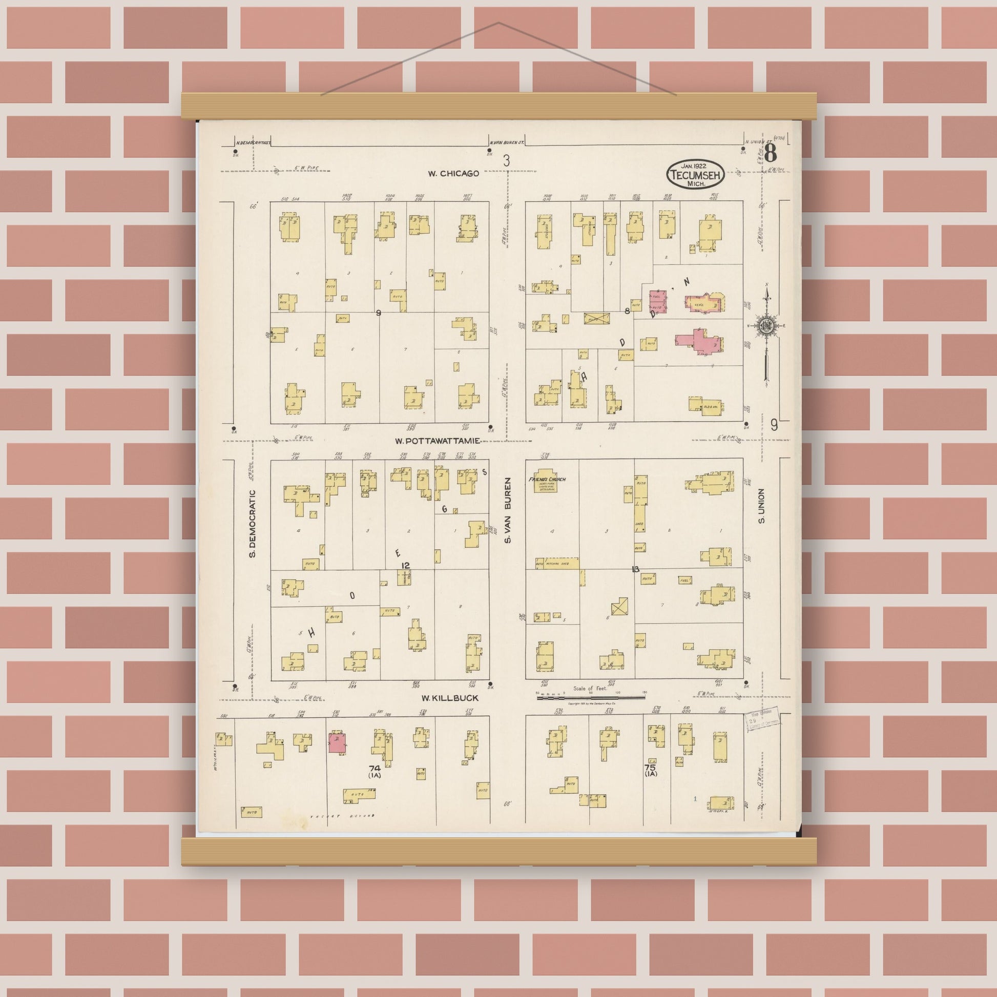Old map wall art mockup — magnetic wood frame on brick wall — Sanborn Fire Insurance Map from Tecumseh, Lenawee County, Michigan (1922), Sheet #0008