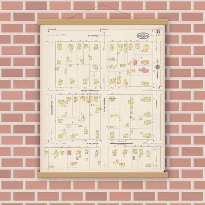 Old map wall art mockup — magnetic wood frame on brick wall — Sanborn Fire Insurance Map from Tecumseh, Lenawee County, Michigan (1922), Sheet #0008