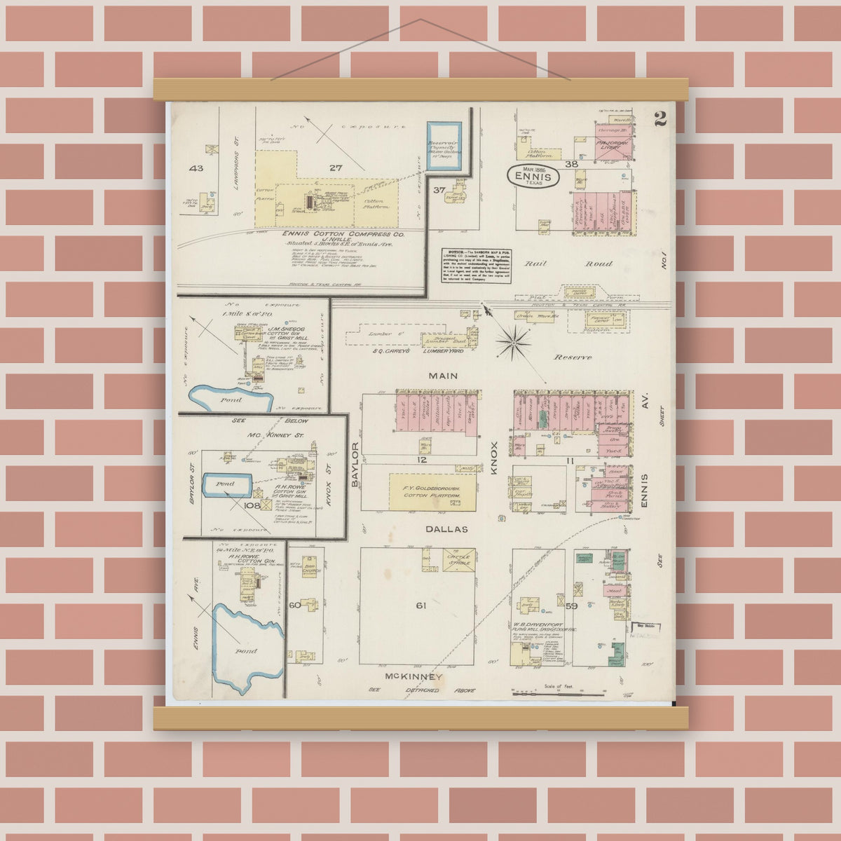 Old map wall art mockup — magnetic wood frame on brick wall — Sanborn Fire Insurance Map from Ennis, Ellis County, Texas (1885), Sheet #0002