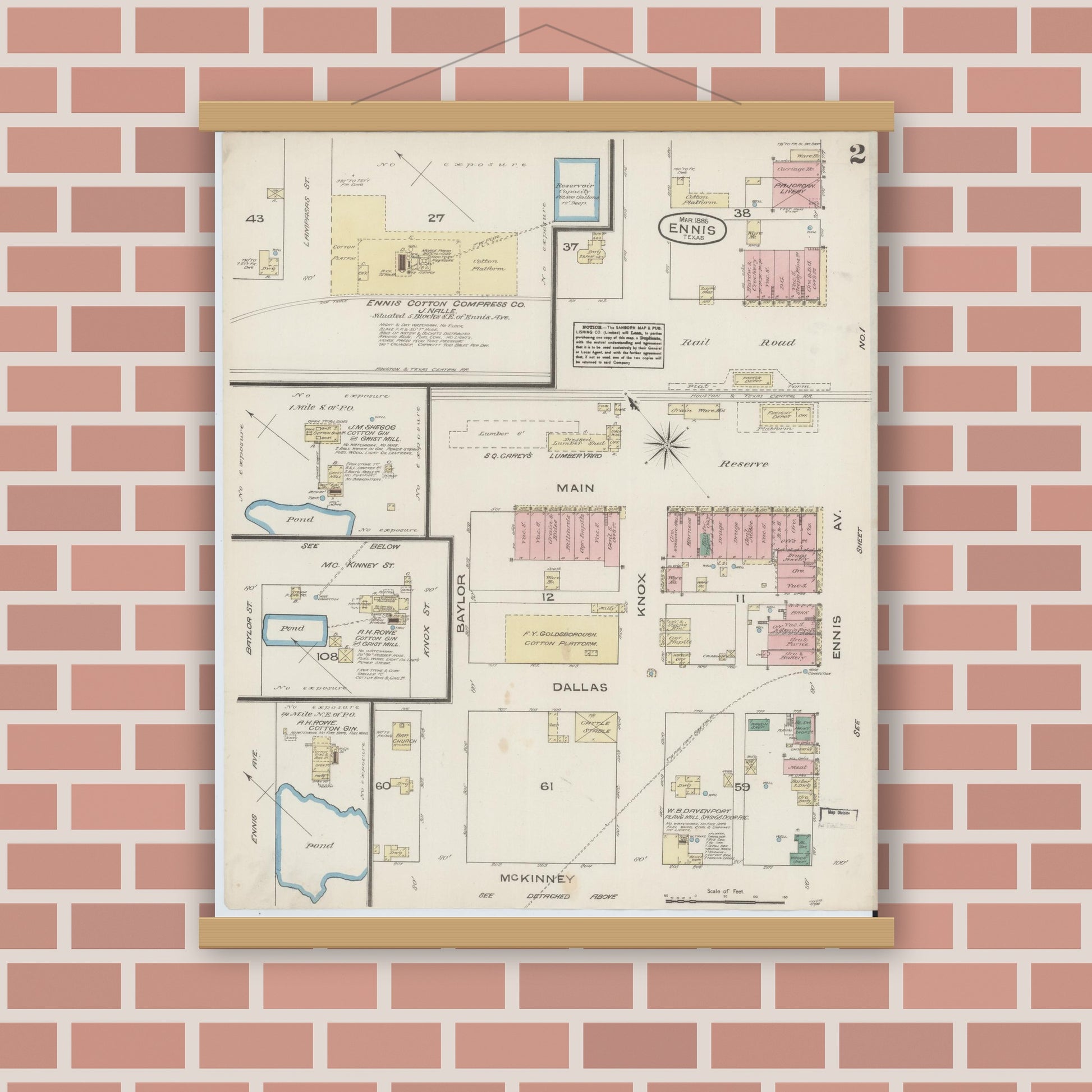 Old map wall art mockup — magnetic wood frame on brick wall — Sanborn Fire Insurance Map from Ennis, Ellis County, Texas (1885), Sheet #0002