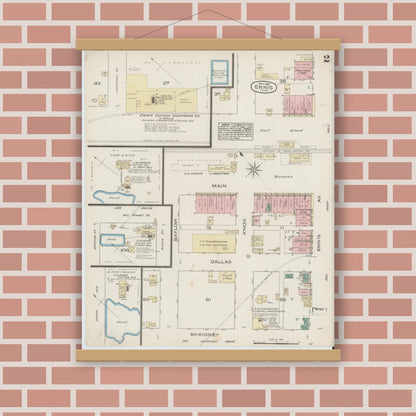 Old map wall art mockup — magnetic wood frame on brick wall — Sanborn Fire Insurance Map from Ennis, Ellis County, Texas (1885), Sheet #0002