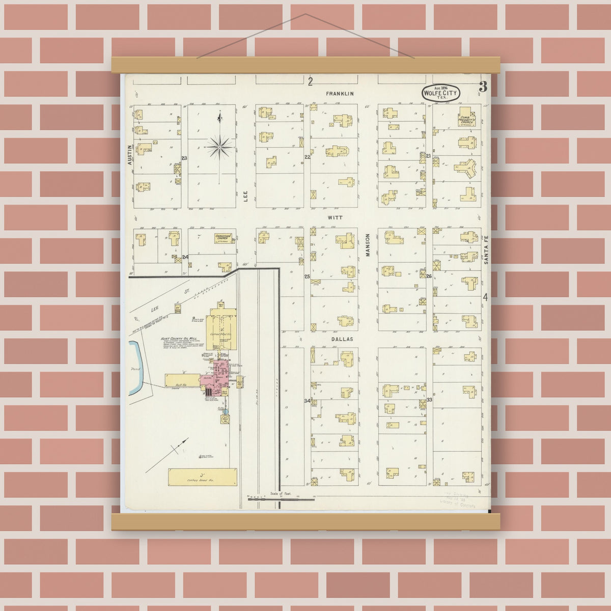 Old map wall art mockup — magnetic wood frame on brick wall — Sanborn Fire Insurance Map from Wolfe City, Hunt County, Texas (1896), Sheet #0003