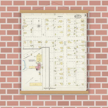 Old map wall art mockup — magnetic wood frame on brick wall — Sanborn Fire Insurance Map from Wolfe City, Hunt County, Texas (1896), Sheet #0003