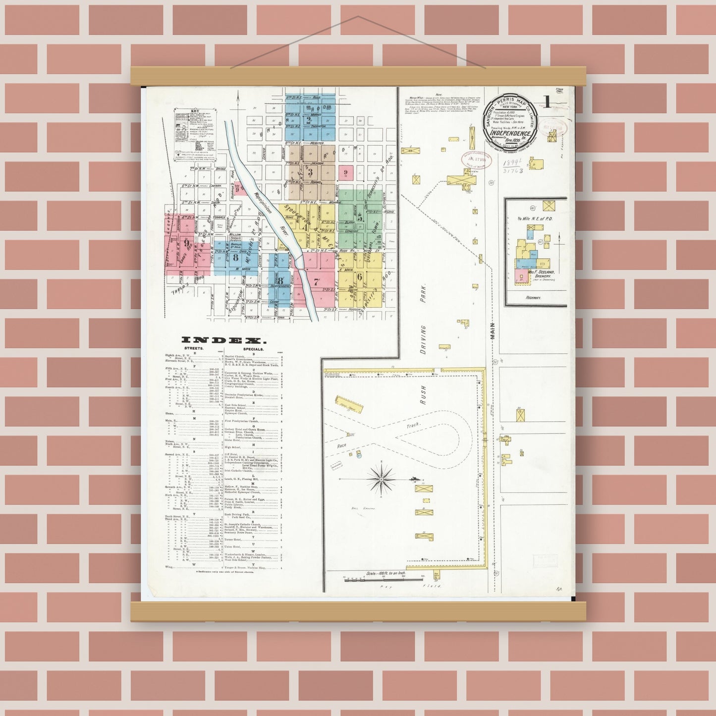 Old map wall art mockup — magnetic wood frame on brick wall — Sanborn Fire Insurance Map from Independence, Buchanan County, Iowa (1899) â€” Complete Set