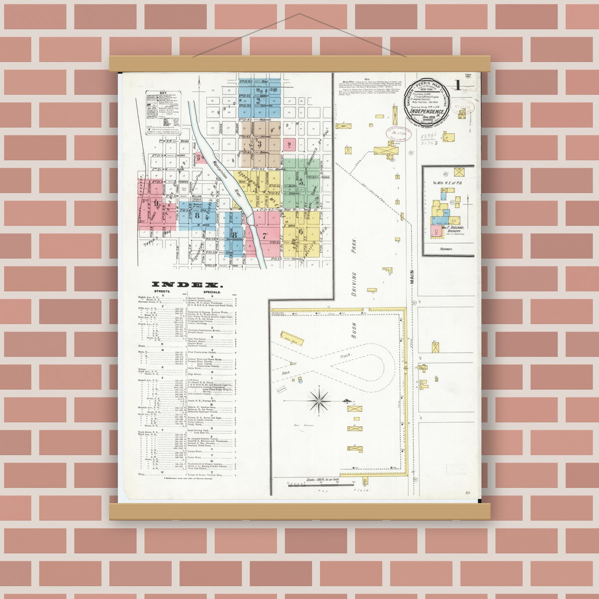 Old map wall art mockup — magnetic wood frame on brick wall — Sanborn Fire Insurance Map from Independence, Buchanan County, Iowa (1899) â€” Complete Set