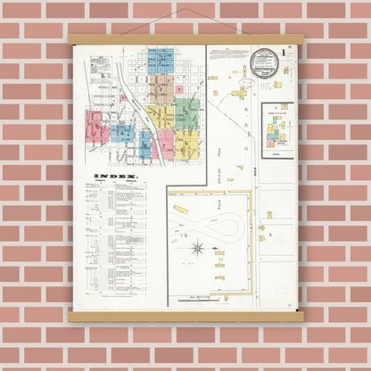 Old map wall art mockup — magnetic wood frame on brick wall — Sanborn Fire Insurance Map from Independence, Buchanan County, Iowa (1899) â€” Complete Set
