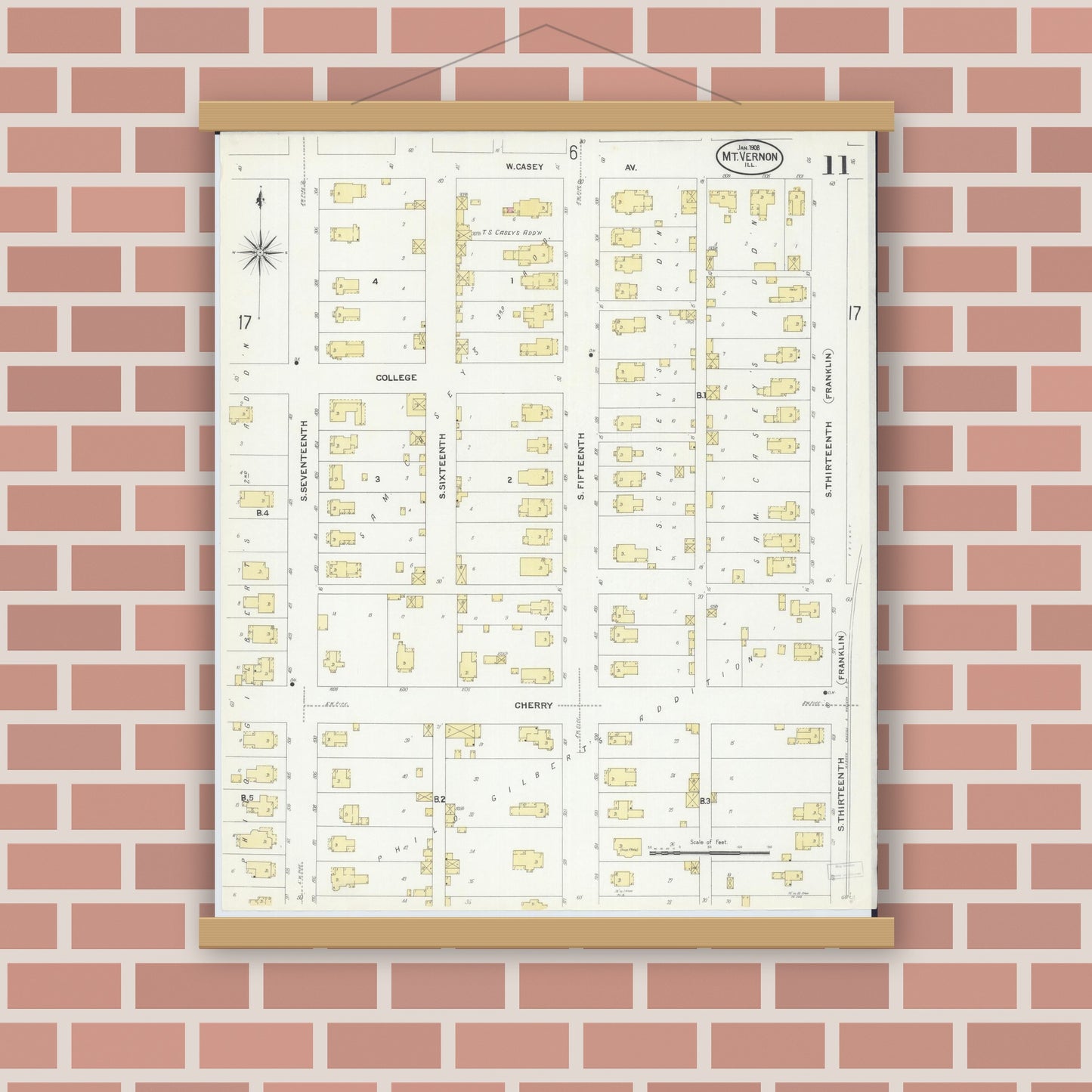 Old map wall art mockup — magnetic wood frame on brick wall — Sanborn Fire Insurance Map from Mount Vernon, Jefferson County, Illinois (1908), Sheet #0011