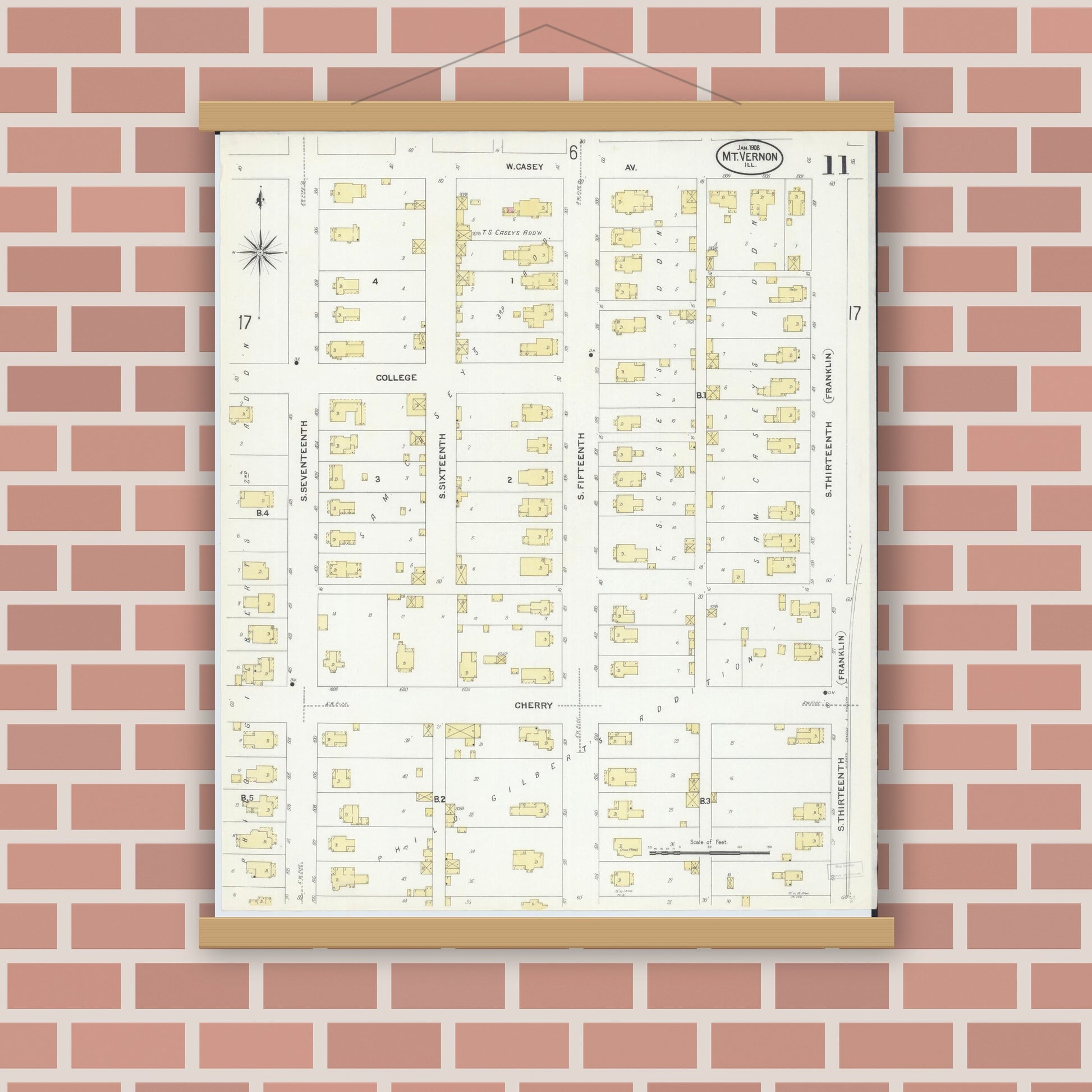 Old map wall art mockup — magnetic wood frame on brick wall — Sanborn Fire Insurance Map from Mount Vernon, Jefferson County, Illinois (1908), Sheet #0011