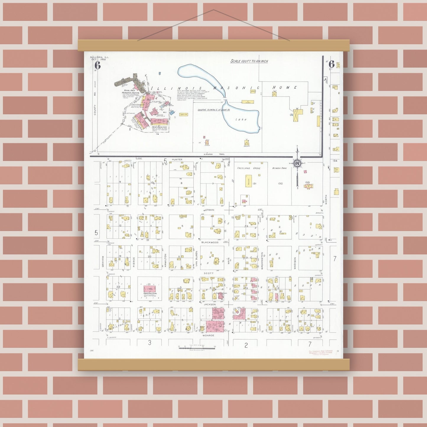 Old map wall art mockup — magnetic wood frame on brick wall — Sanborn Fire Insurance Map from Sullivan, Moultrie County, Illinois (1932), Sheet #0006