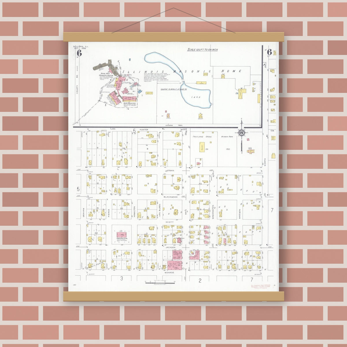 Old map wall art mockup — magnetic wood frame on brick wall — Sanborn Fire Insurance Map from Sullivan, Moultrie County, Illinois (1932), Sheet #0006