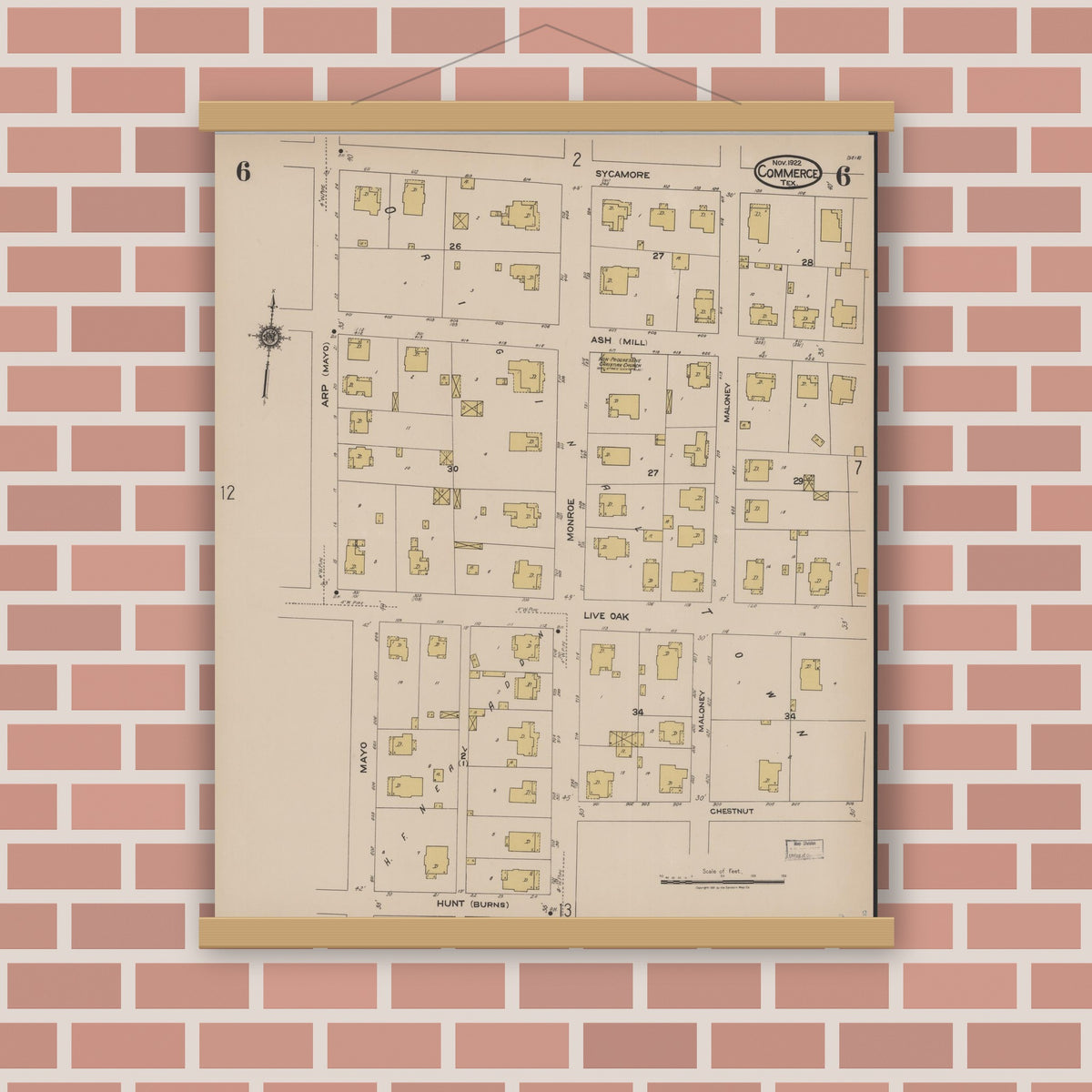 Old map wall art mockup — magnetic wood frame on brick wall — Sanborn Fire Insurance Map from Commerce, Hunt County, Texas (1922), Sheet #0006