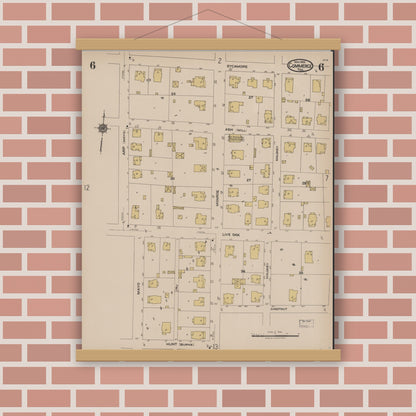 Old map wall art mockup — magnetic wood frame on brick wall — Sanborn Fire Insurance Map from Commerce, Hunt County, Texas (1922), Sheet #0006