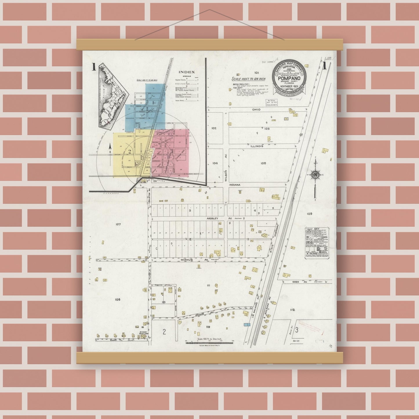 Old map wall art mockup — magnetic wood frame on brick wall — Sanborn Fire Insurance Map from Pompano, Broward County, Florida (1924), Sheet #0001