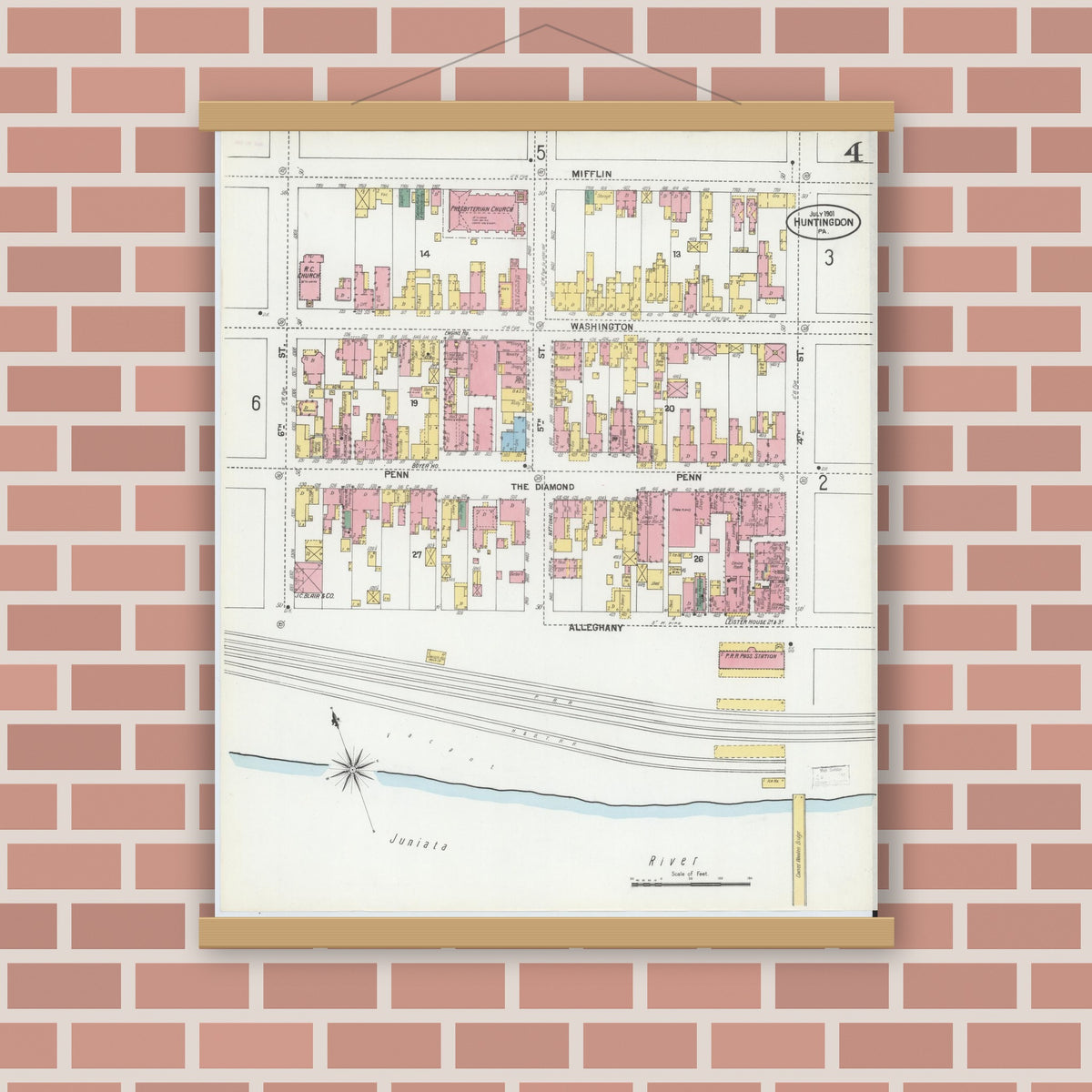 Old map wall art mockup — magnetic wood frame on brick wall — Sanborn Fire Insurance Map from Huntingdon, Huntingdon County, Pennsylvania (1901), Sheet #0004