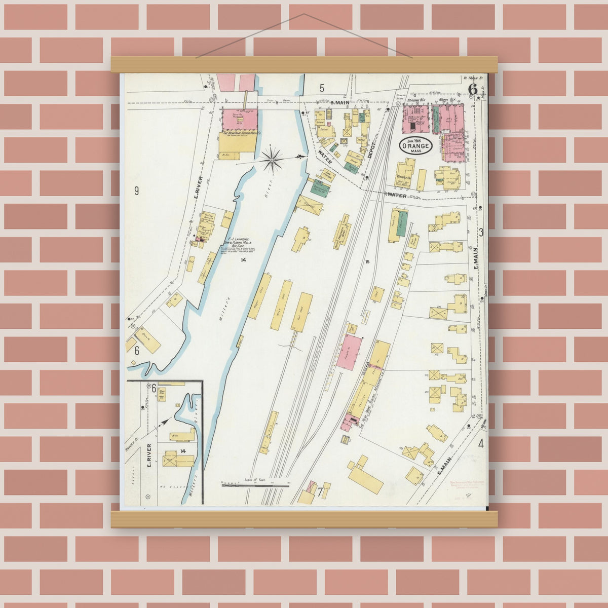 Old map wall art mockup — magnetic wood frame on brick wall — Sanborn Fire Insurance Map from Orange, Franklin County, Massachusetts (1905), Sheet #0006