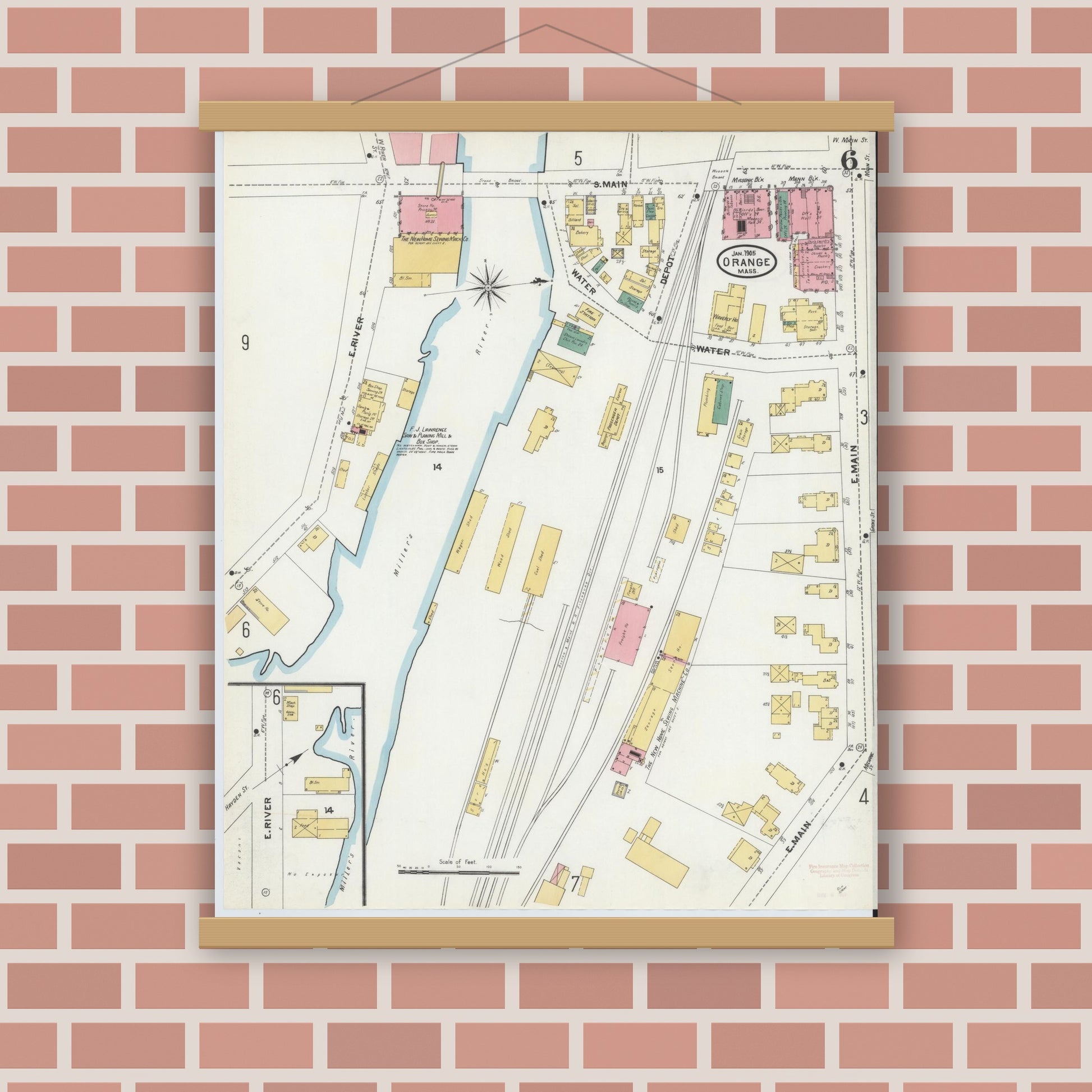 Old map wall art mockup — magnetic wood frame on brick wall — Sanborn Fire Insurance Map from Orange, Franklin County, Massachusetts (1905), Sheet #0006
