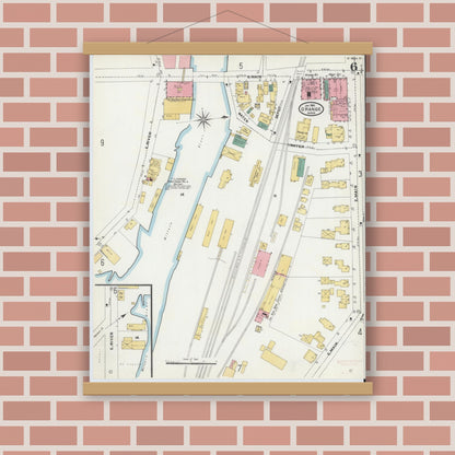 Old map wall art mockup — magnetic wood frame on brick wall — Sanborn Fire Insurance Map from Orange, Franklin County, Massachusetts (1905), Sheet #0006