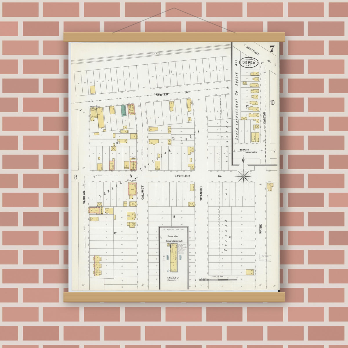 Old map wall art mockup — magnetic wood frame on brick wall — Sanborn Fire Insurance Map from Depew, Erie County, New York (1900), Sheet #0007