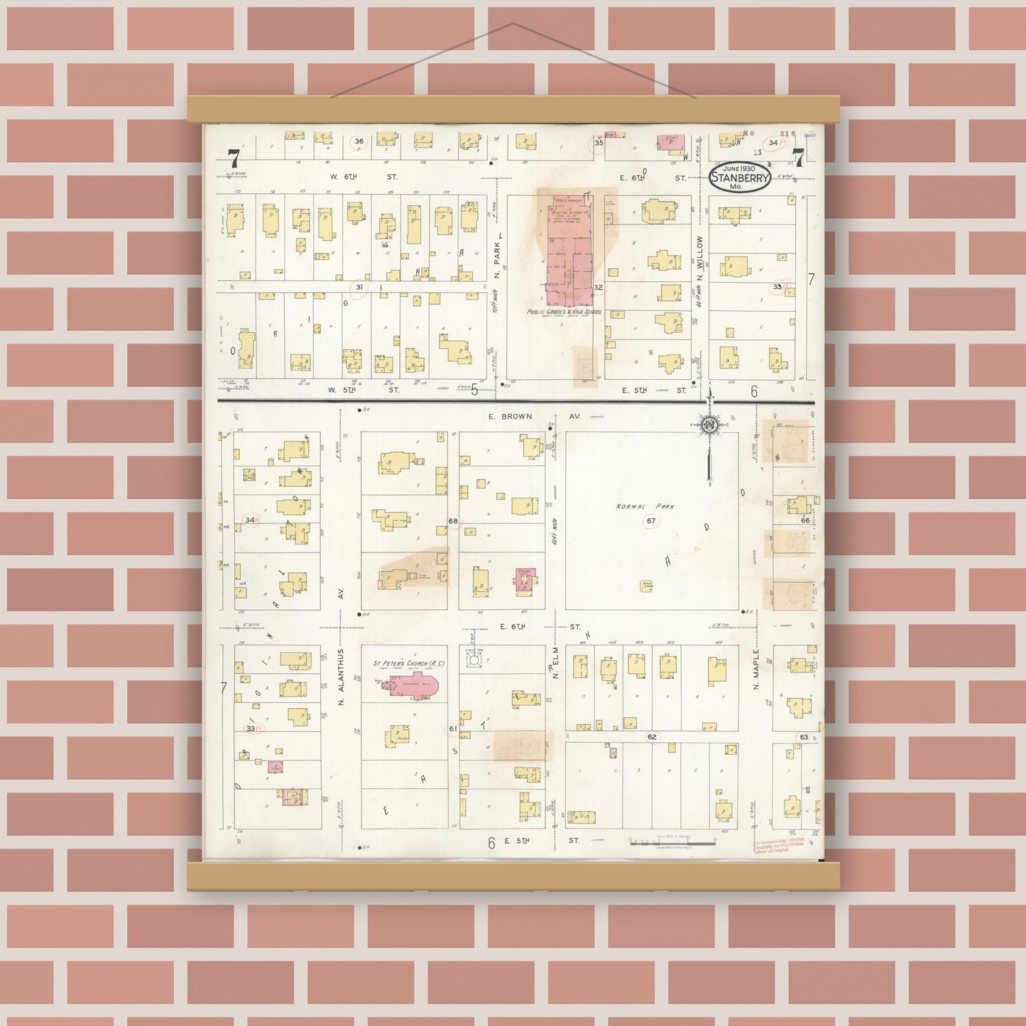 Old map wall art mockup — magnetic wood frame on brick wall — Sanborn Fire Insurance Map from Stanberry, Gentry County, Missouri (1940), Sheet #0007