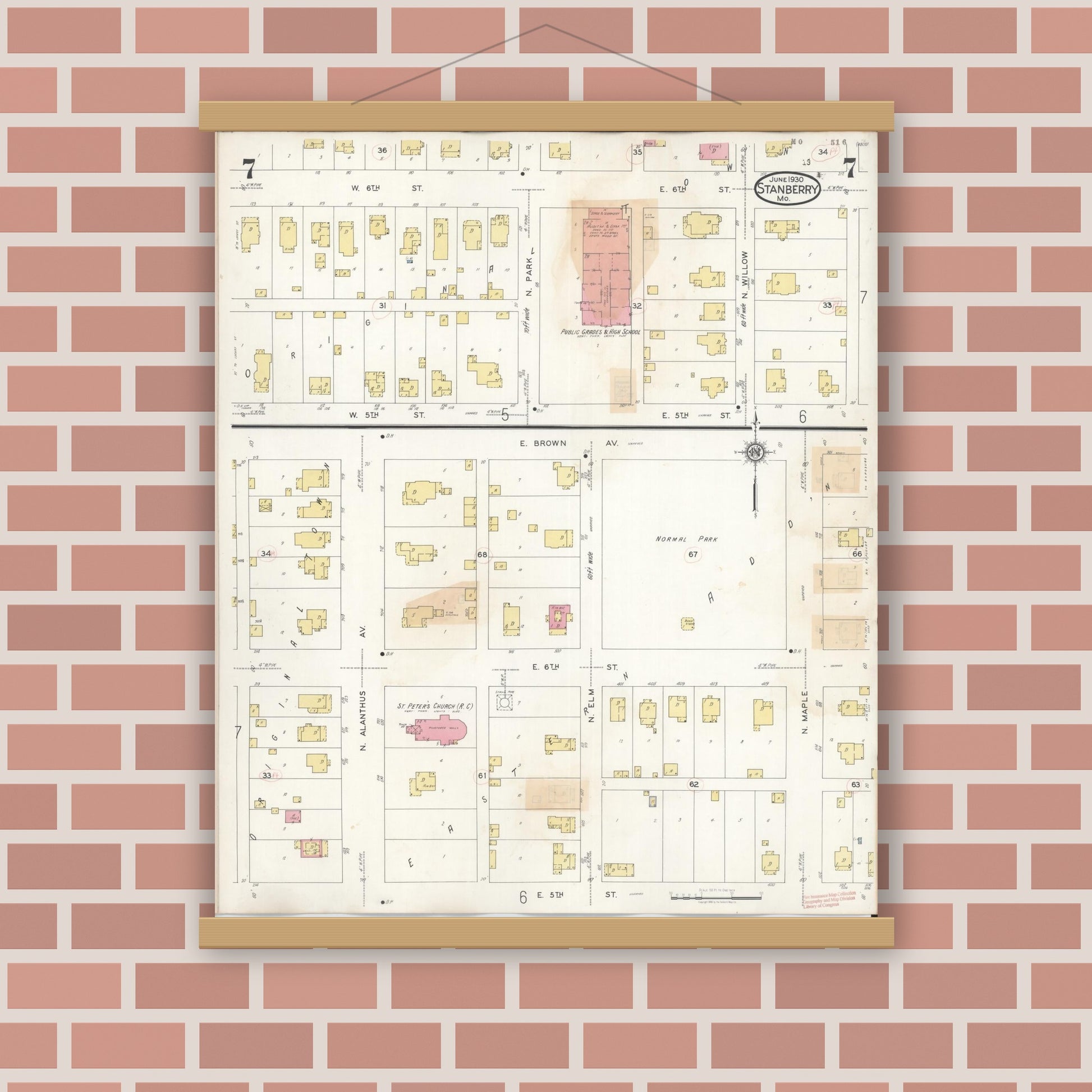 Old map wall art mockup — magnetic wood frame on brick wall — Sanborn Fire Insurance Map from Stanberry, Gentry County, Missouri (1940), Sheet #0007