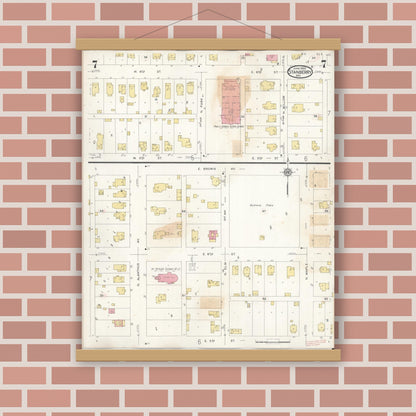 Old map wall art mockup — magnetic wood frame on brick wall — Sanborn Fire Insurance Map from Stanberry, Gentry County, Missouri (1940), Sheet #0007