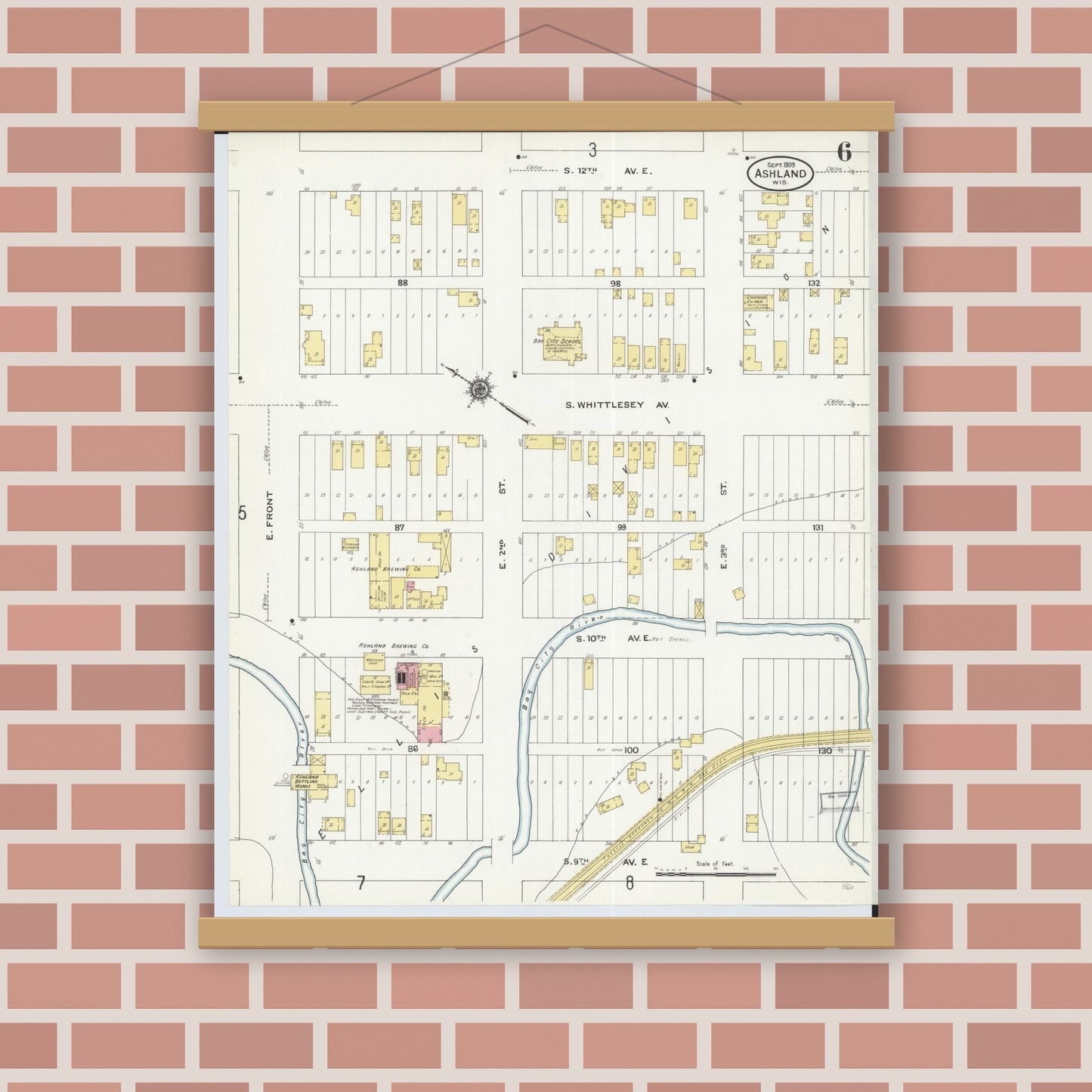 Old map wall art mockup — magnetic wood frame on brick wall — Sanborn Fire Insurance Map from Ashland, Ashland County, Wisconsin (1909), Sheet #0006