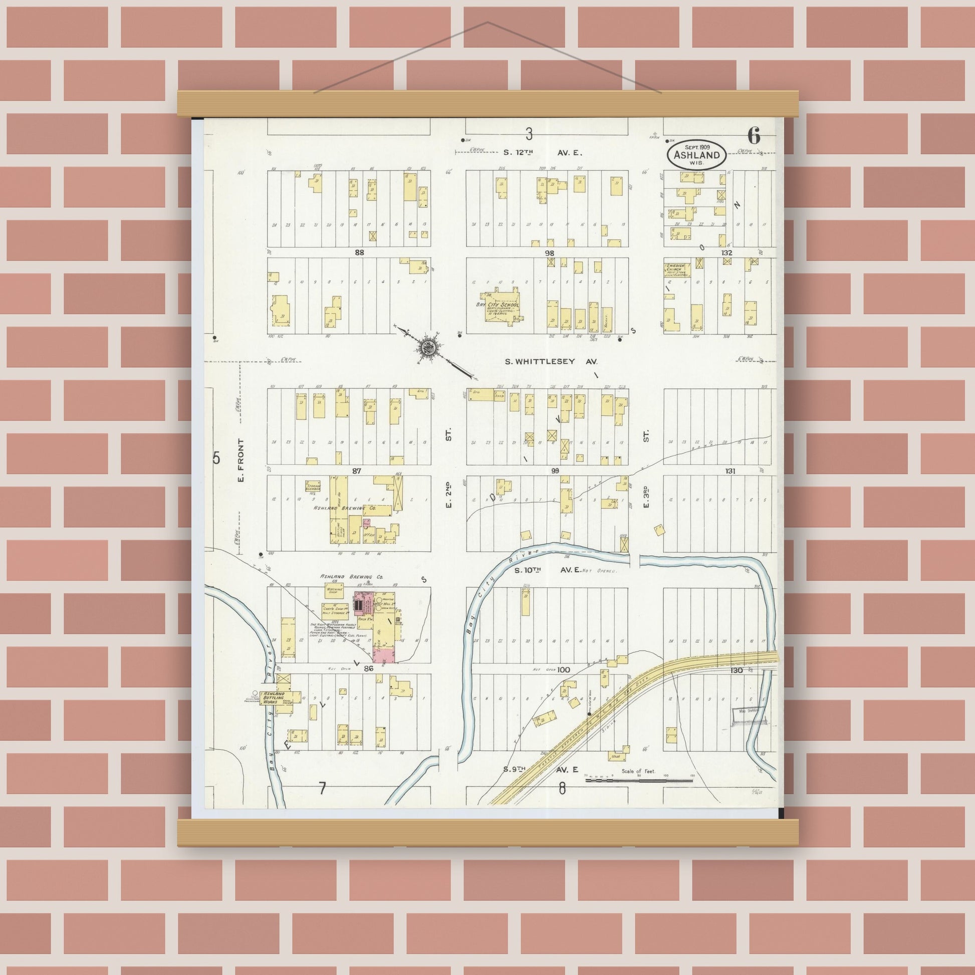 Old map wall art mockup — magnetic wood frame on brick wall — Sanborn Fire Insurance Map from Ashland, Ashland County, Wisconsin (1909), Sheet #0006