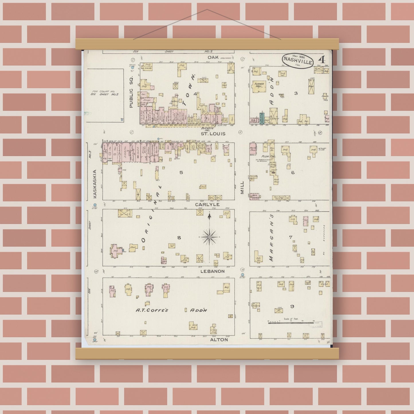 Old map wall art mockup — magnetic wood frame on brick wall — Sanborn Fire Insurance Map from Nashville, Washington County, Illinois (1886), Sheet #0004