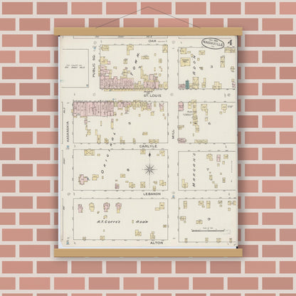 Old map wall art mockup — magnetic wood frame on brick wall — Sanborn Fire Insurance Map from Nashville, Washington County, Illinois (1886), Sheet #0004