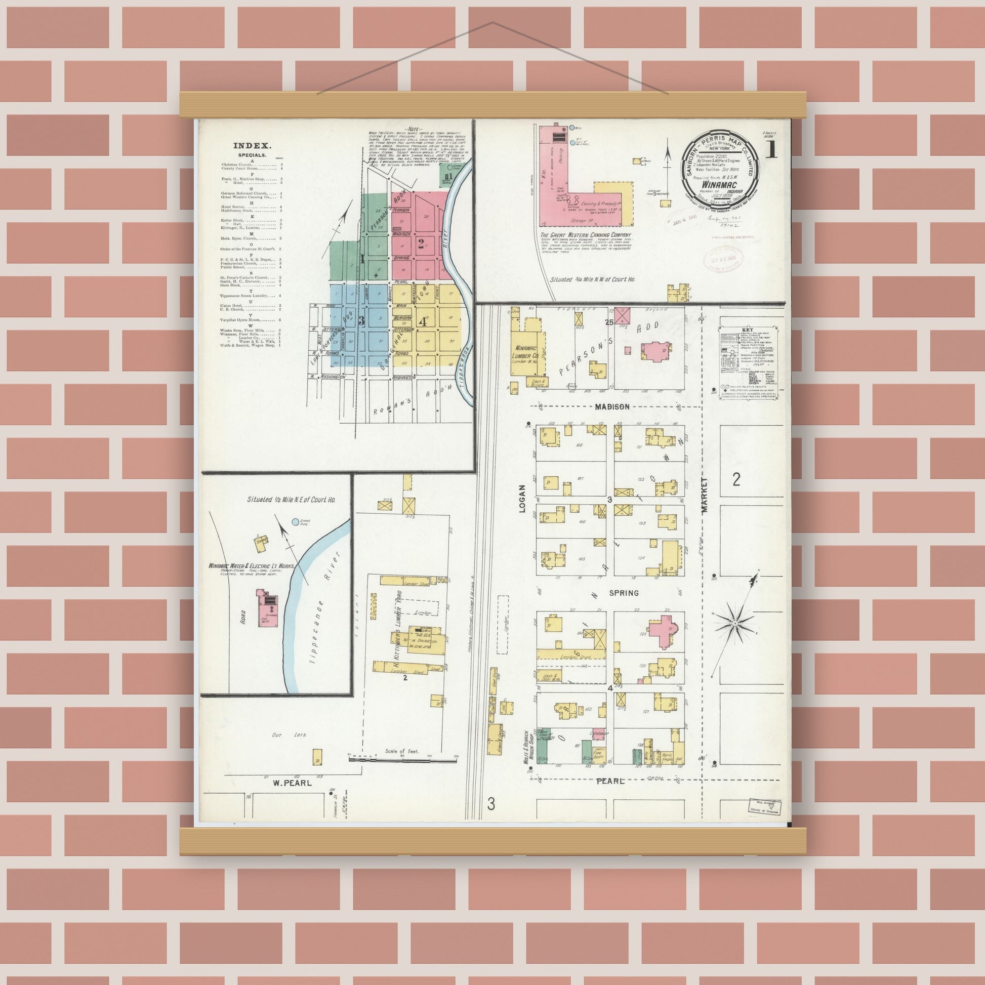 Old map wall art mockup — magnetic wood frame on brick wall — Sanborn Fire Insurance Map from Winamac, Pulaski County, Indiana (1899) - Complete Map Set