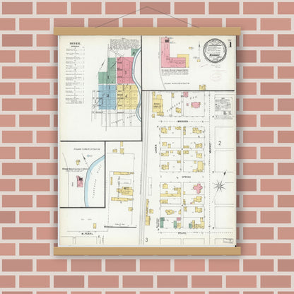 Old map wall art mockup — magnetic wood frame on brick wall — Sanborn Fire Insurance Map from Winamac, Pulaski County, Indiana (1899) - Complete Map Set