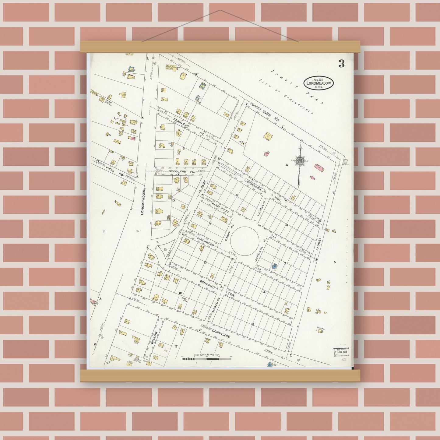 Old map wall art mockup — magnetic wood frame on brick wall — Sanborn Fire Insurance Map from Longmeadow, Hampden County, Massachusetts (1911), Sheet #0003