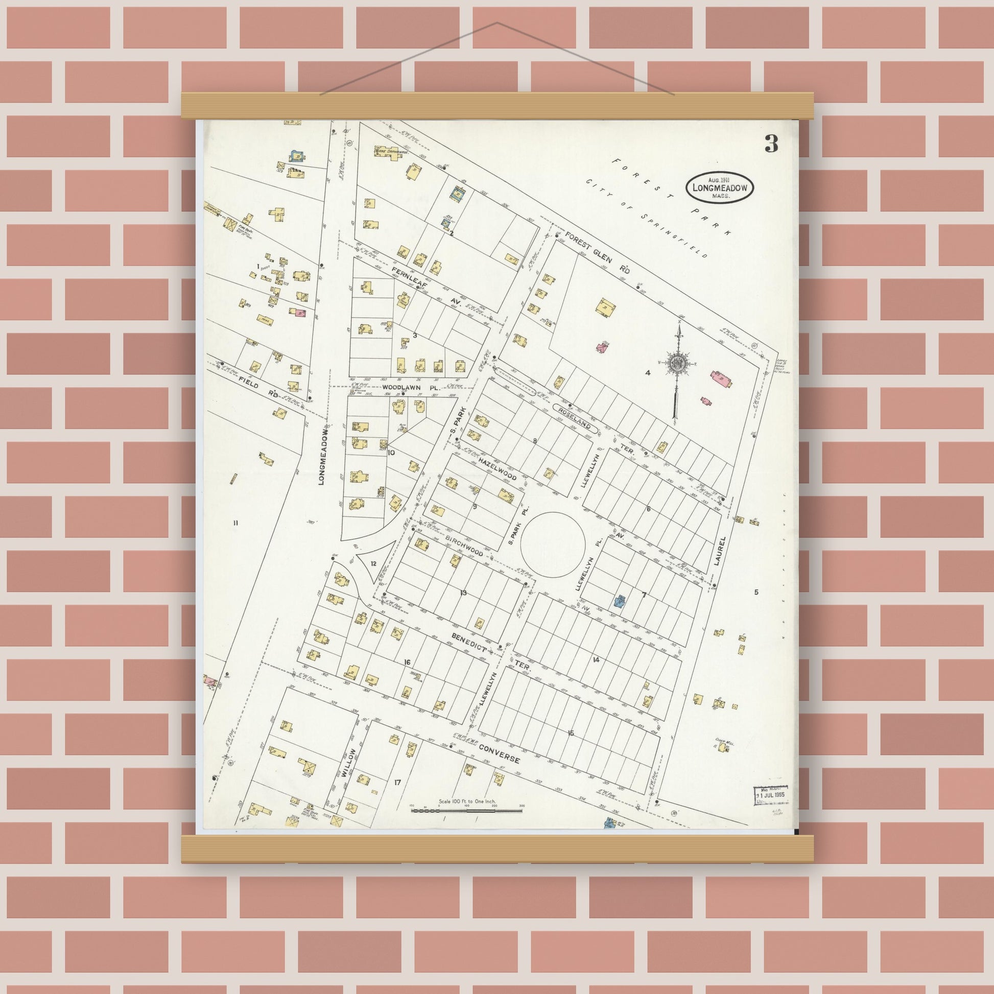 Old map wall art mockup — magnetic wood frame on brick wall — Sanborn Fire Insurance Map from Longmeadow, Hampden County, Massachusetts (1911), Sheet #0003