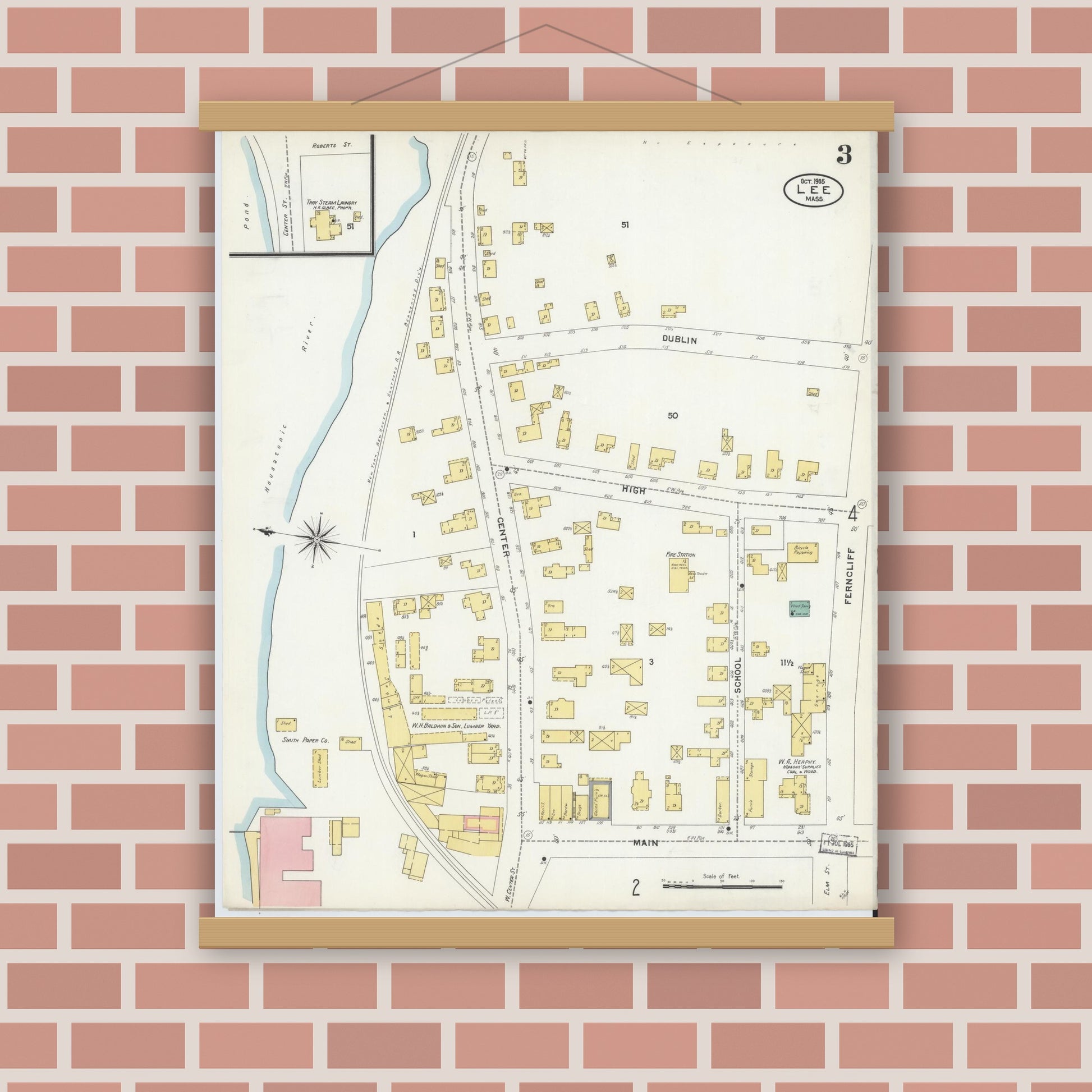 Old map wall art mockup — magnetic wood frame on brick wall — Sanborn Fire Insurance Map from Lee, Berkshire County, Massachusetts (1905), Sheet #0003