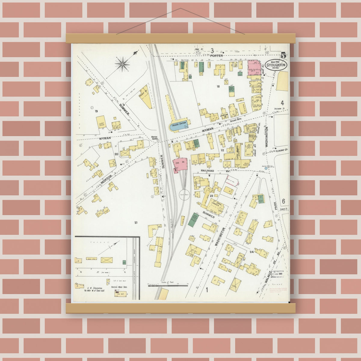 Old map wall art mockup — magnetic wood frame on brick wall — Sanborn Fire Insurance Map from Stoughton, Norfolk County, Massachusetts (1901), Sheet #0005