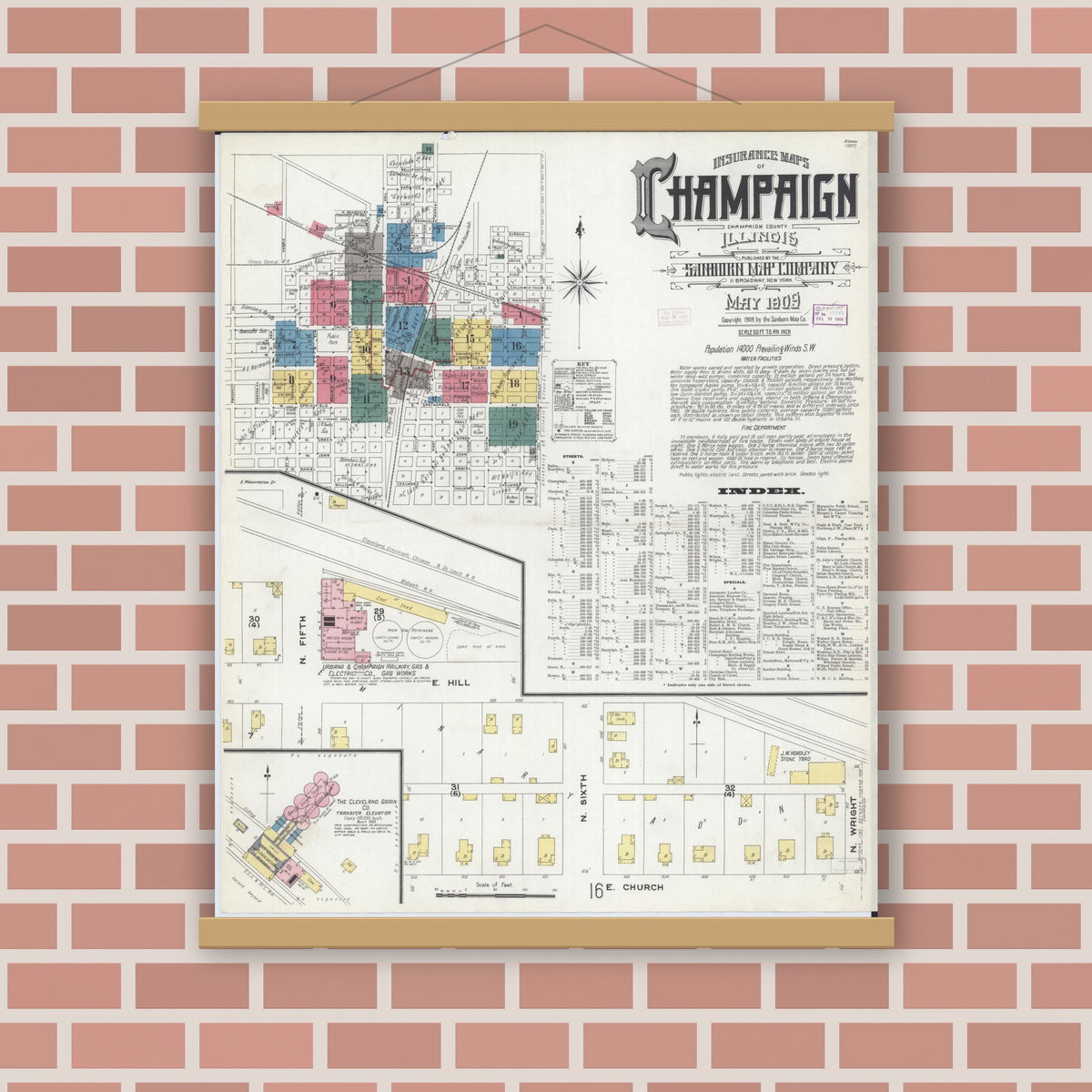 Old map wall art mockup — magnetic wood frame on brick wall — Sanborn Fire Insurance Map from Champaign, Champaign County, Illinois (1909), Sheet #0001