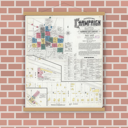 Old map wall art mockup — magnetic wood frame on brick wall — Sanborn Fire Insurance Map from Champaign, Champaign County, Illinois (1909), Sheet #0001